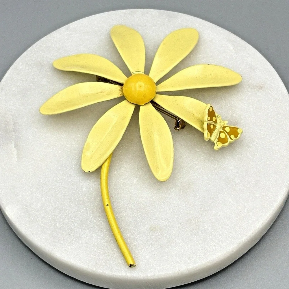 Vintage Enamel Flower Brooch with Butterfly Cheery Yellow MOD Pop Art